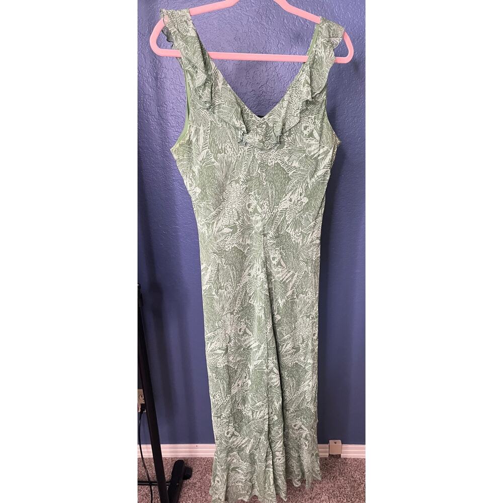 Jonathan Martin Studio Green Flounce Floral Midi Dress 100% Silk Ruffle Neck 12 - Picture 4 of 6
